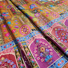 Pure Banarasi Dola Silk Soft Brocade with Position Print on Mustard Yellow Base with Multi-Color Border