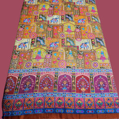 Pure Banarasi Dola Silk Soft Brocade with Position Print on Mustard Yellow Base with Multi-Color Border