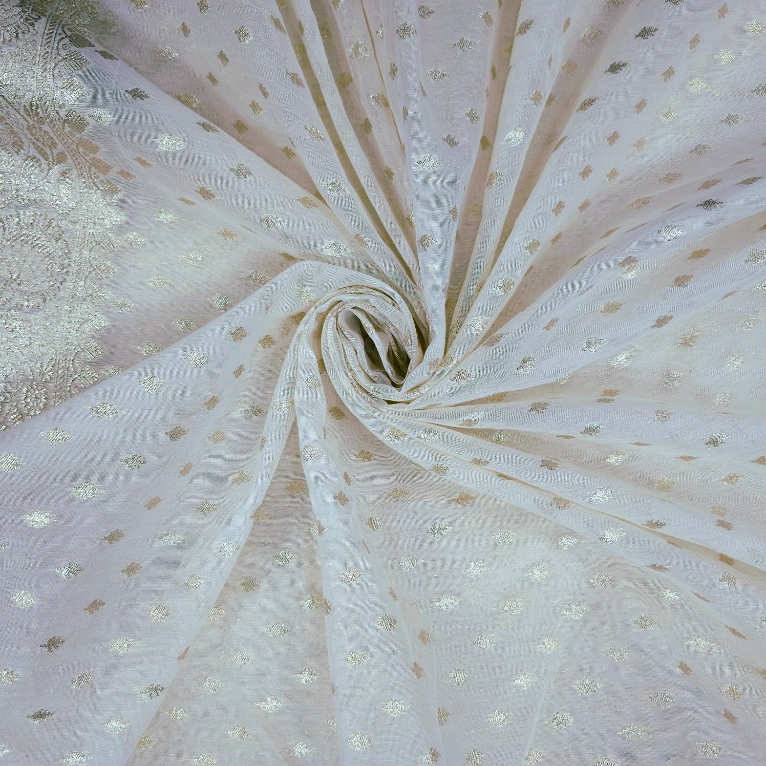 Embroidered Banaras Brocade Dyeable Fabric with All Over Butta and Floral Border