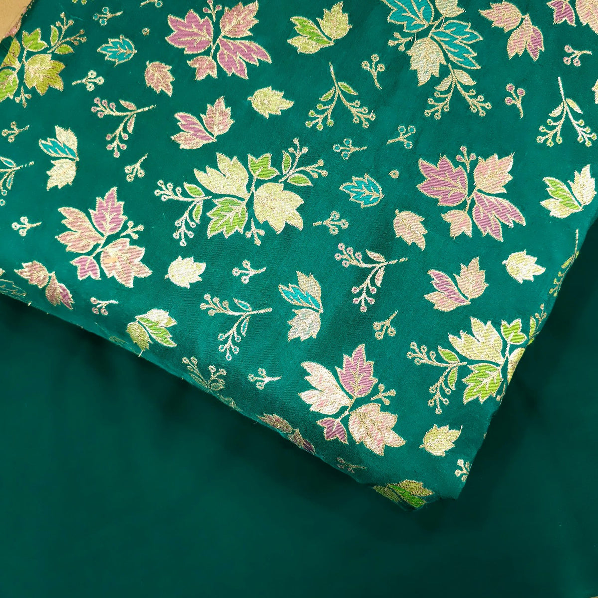 Meher Bottle Green Banaras Silk Brocade with Floral Embroidery