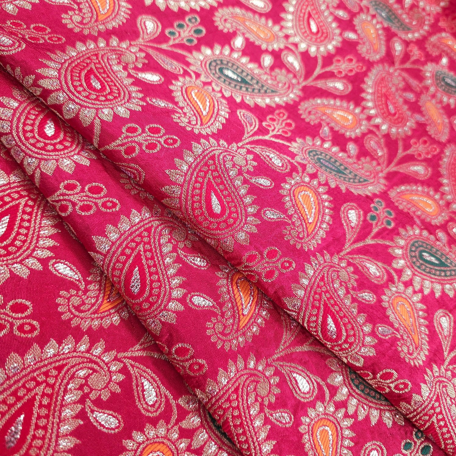 Tanchui Banaras Brocade on Scarlet Red Silk Fabric