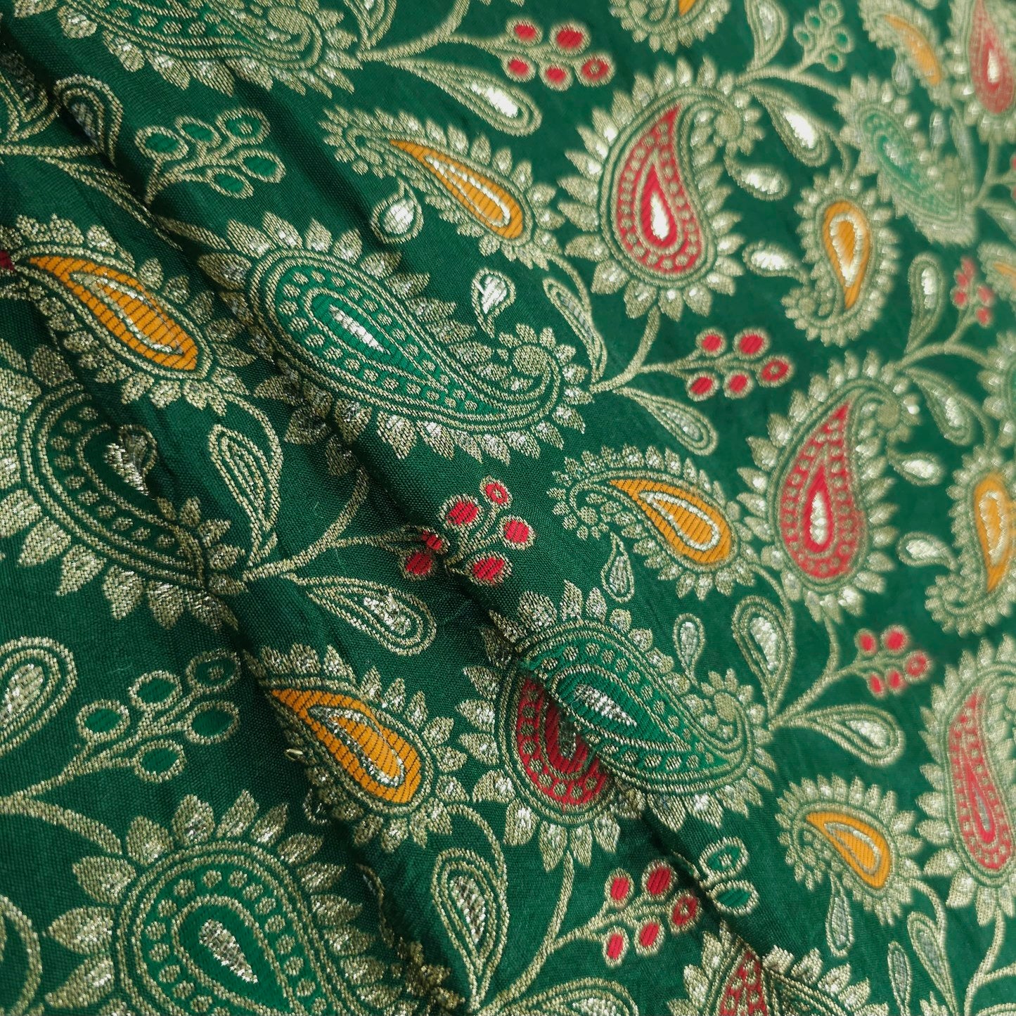 Tanchui Banaras Brocade on Bottle Green Silk Fabric