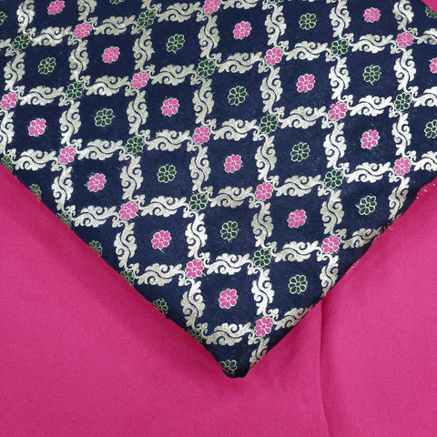 Jamdani Navy Blue Banarasi Brocade with Geometrical and Floral Accents