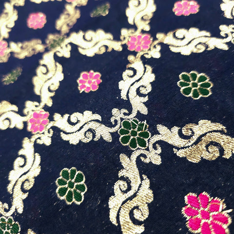 Jamdani Navy Blue Banarasi Brocade with Geometrical and Floral Accents