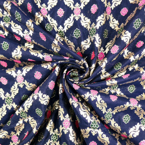 Jamdani Navy Blue Banarasi Brocade with Geometrical and Floral Accents