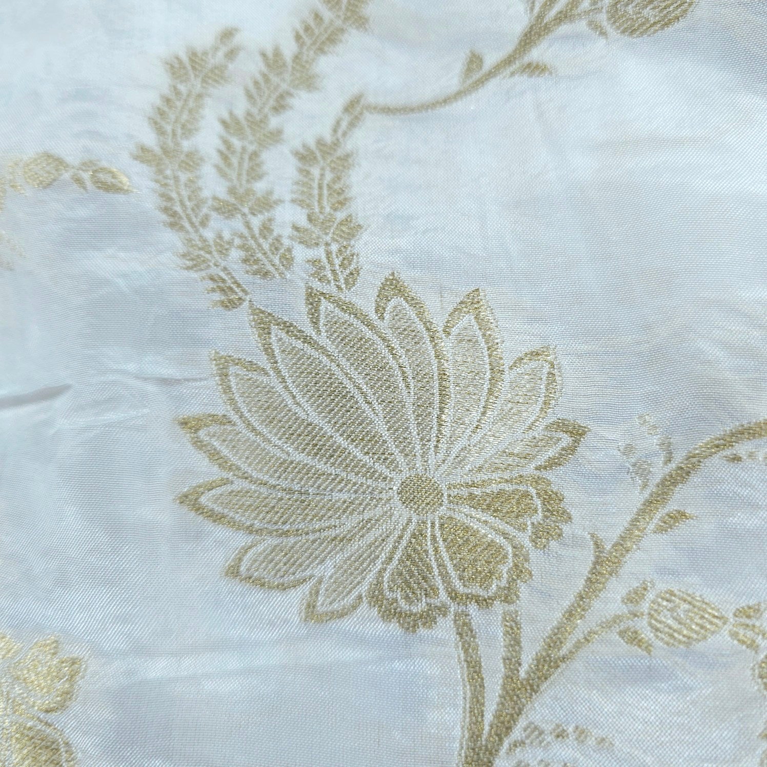 White Dyeable Crepe with Golden Floral Vines Pattern
