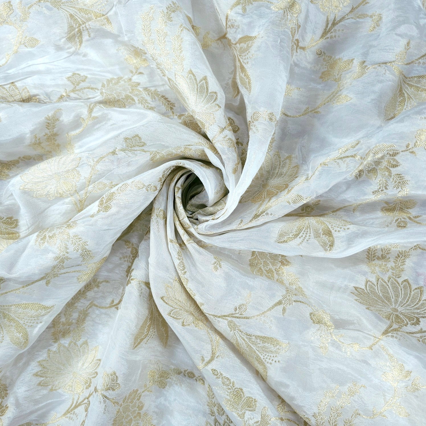 White Dyeable Crepe with Golden Floral Vines Pattern
