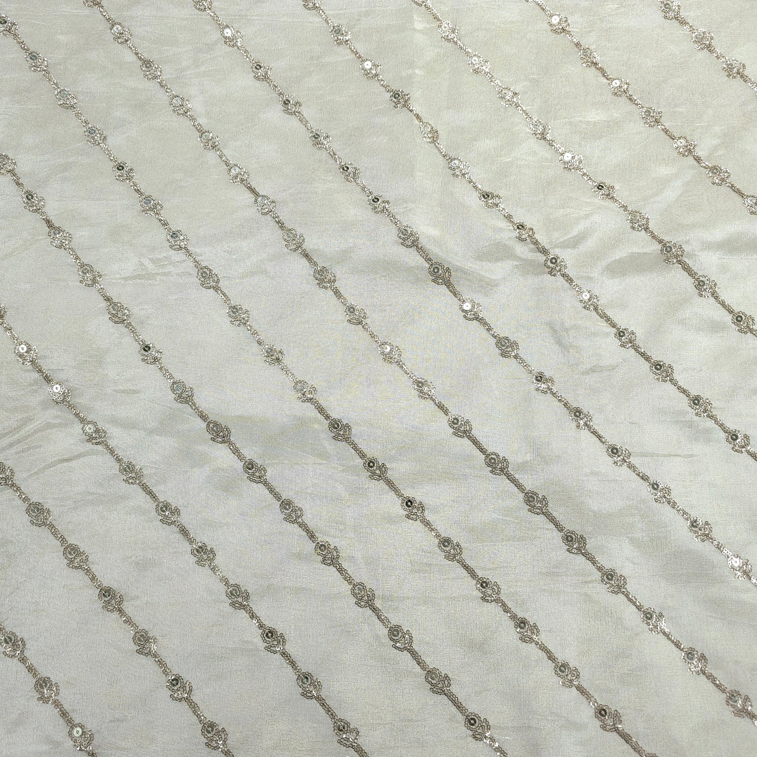 Gold Embroidered Shimmer Tissue Dyeable Fabric with Sequin Striped Pattern