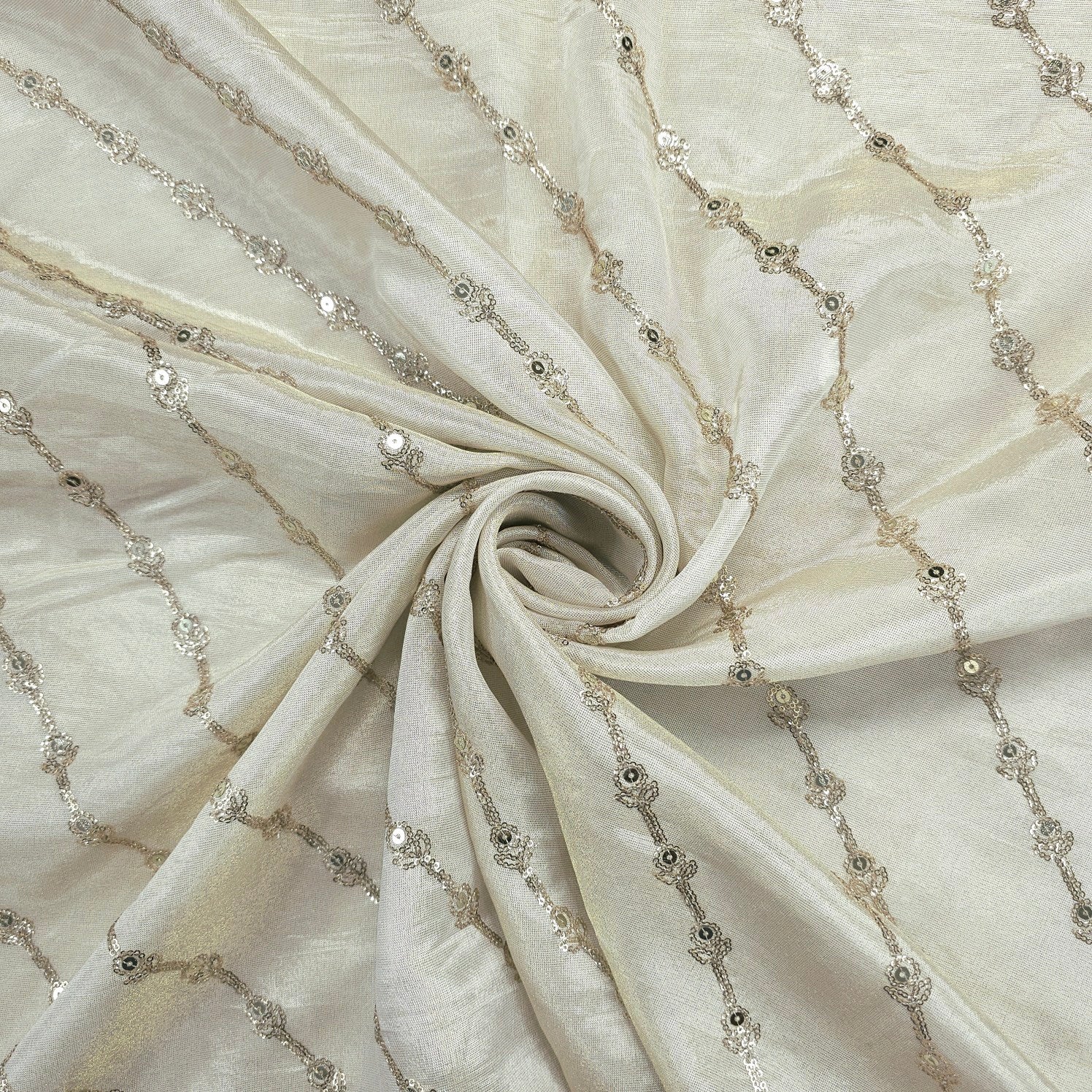 Gold Embroidered Shimmer Tissue Dyeable Fabric with Sequin Striped Pattern