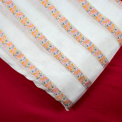 Embroidered Dyeable Striped Chanderi Fabric with Colorful Floral Thread Stripes