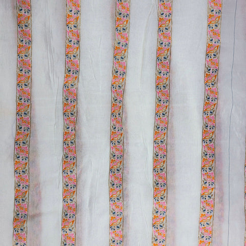 Embroidered Dyeable Striped Chanderi Fabric with Colorful Floral Thread Stripes