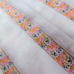 Embroidered Dyeable Striped Chanderi Fabric with Colorful Floral Thread Stripes