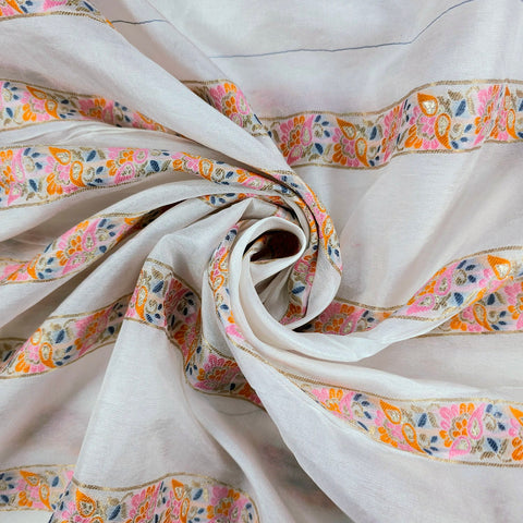 Embroidered Dyeable Striped Chanderi Fabric with Colorful Floral Thread Stripes