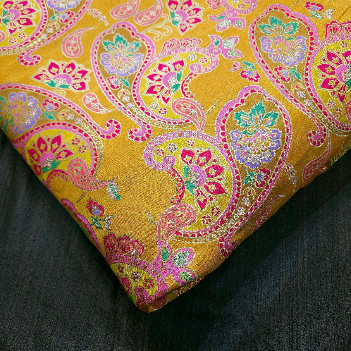 Pure Banarasi Dola Silk Soft Brocade with Paisley Position Print on Mustard Yellow Base