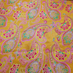 Pure Banarasi Dola Silk Soft Brocade with Paisley Position Print on Mustard Yellow Base
