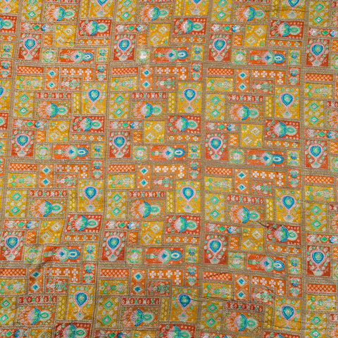 Pure Banarasi Dola Silk Soft Brocade with Position Print on Mustard Yellow Base