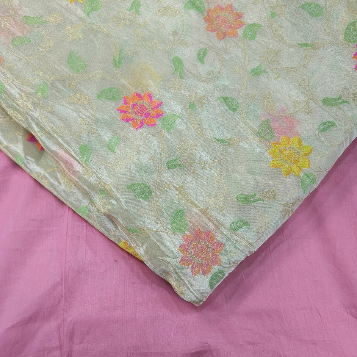 Floral Meena work with Dyeable Shimmer Tissue base & all over Vine and leaf pattern
