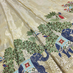 Embroidered Dyeable Shimmer Tissue Fabric with Elephant & Trees Border