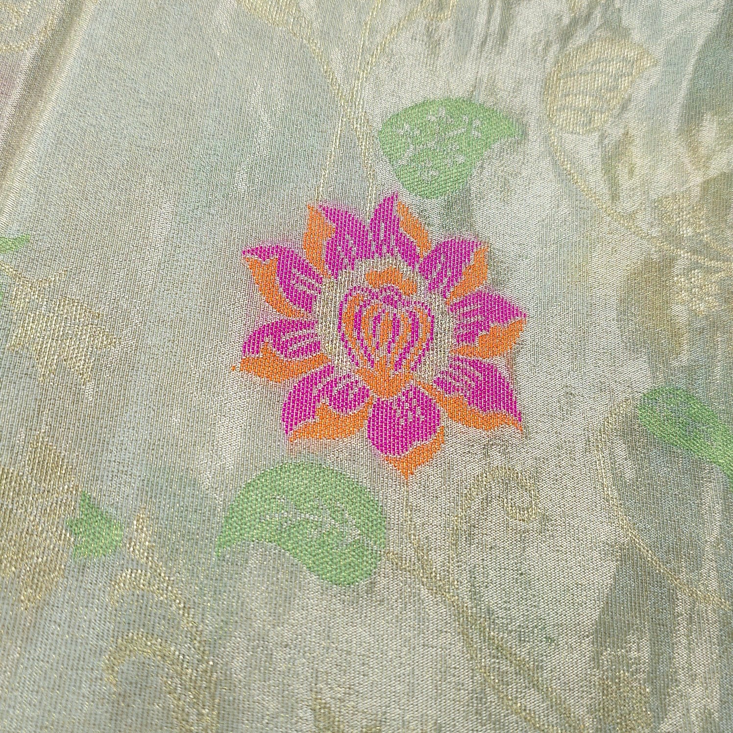 Floral Meena work with Dyeable Shimmer Tissue base & all over Vine and leaf pattern