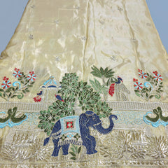 Embroidered Dyeable Shimmer Tissue Fabric with Elephant & Trees Border