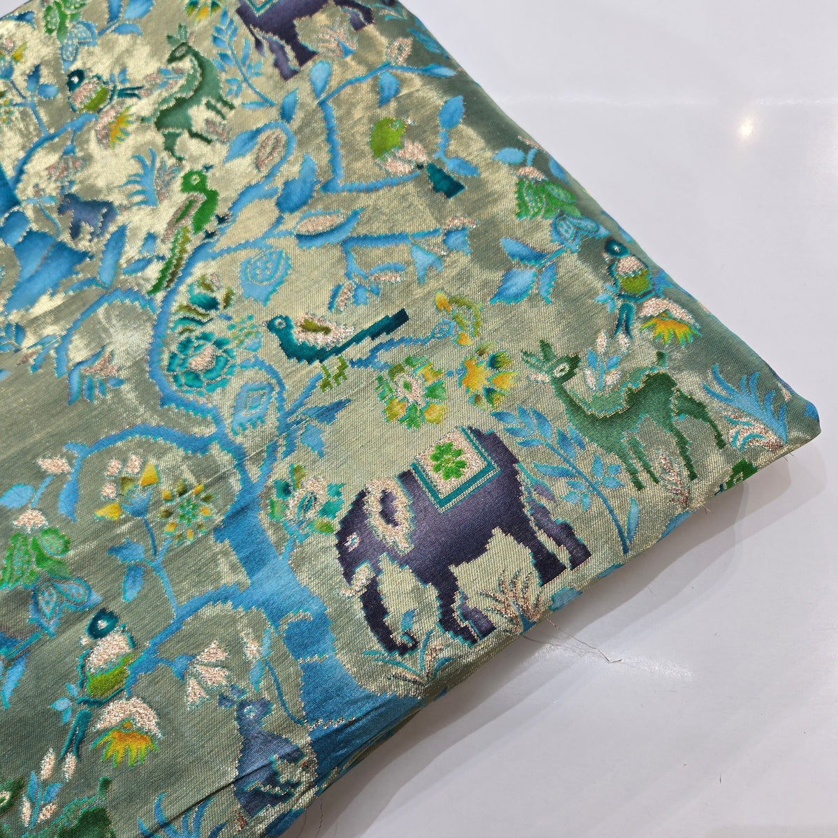 Pure Banarasi Silk Brocade with Animal and Nature Motifs on Sky Blue Base