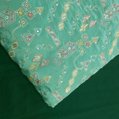 Embroidered Sequin Resham on Crepe Fabric with Geometric & Bird Motifs on Mint Green Base