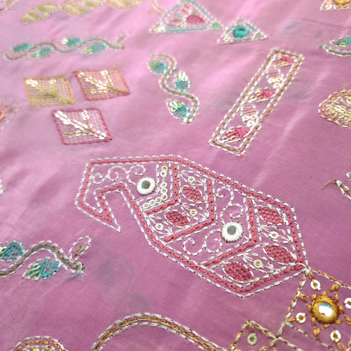 Embroidered Sequin Resham on Crepe Fabric with Geometric & Bird Motifs on Pastel Pink Base