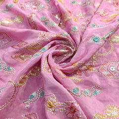Embroidered Sequin Resham on Crepe Fabric with Geometric & Bird Motifs on Pastel Pink Base