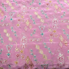 Embroidered Sequin Resham on Crepe Fabric with Geometric & Bird Motifs on Pastel Pink Base