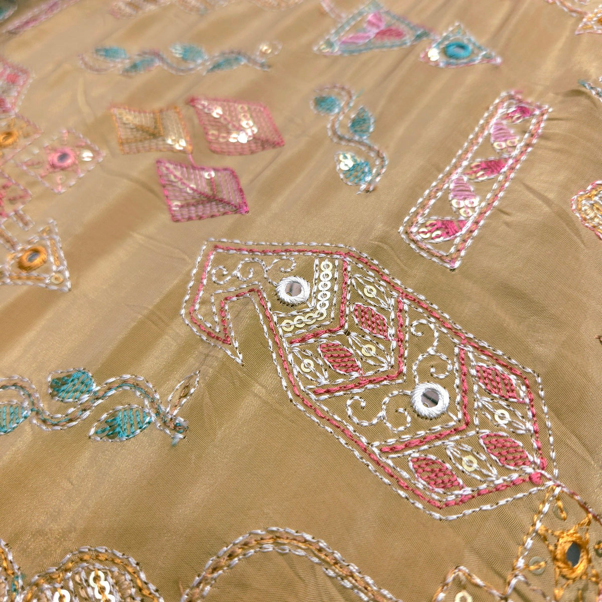 Embroidered Sequin Resham on Crepe Fabric with Geometric & Bird Motifs on Beige Base