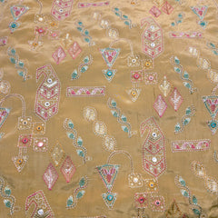 Embroidered Sequin Resham on Crepe Fabric with Geometric & Bird Motifs on Beige Base