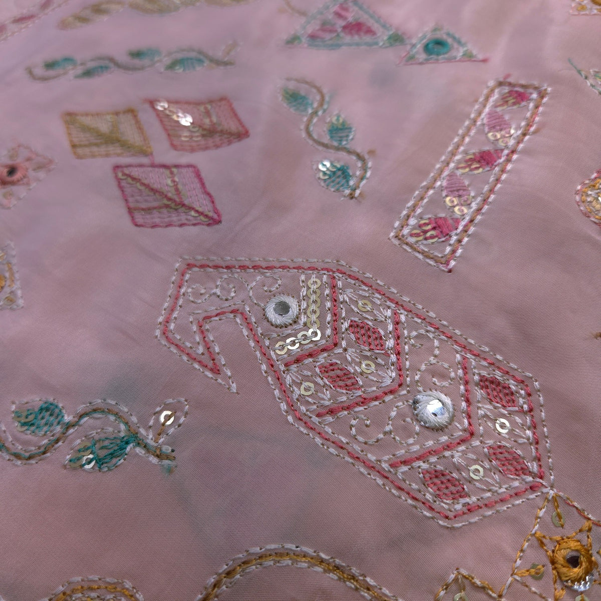 Embroidered Sequin Resham on Crepe Fabric with Geometric & Bird Motifs on Blush Pink Base