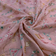 Embroidered Sequin Resham on Crepe Fabric with Geometric & Bird Motifs on Blush Pink Base