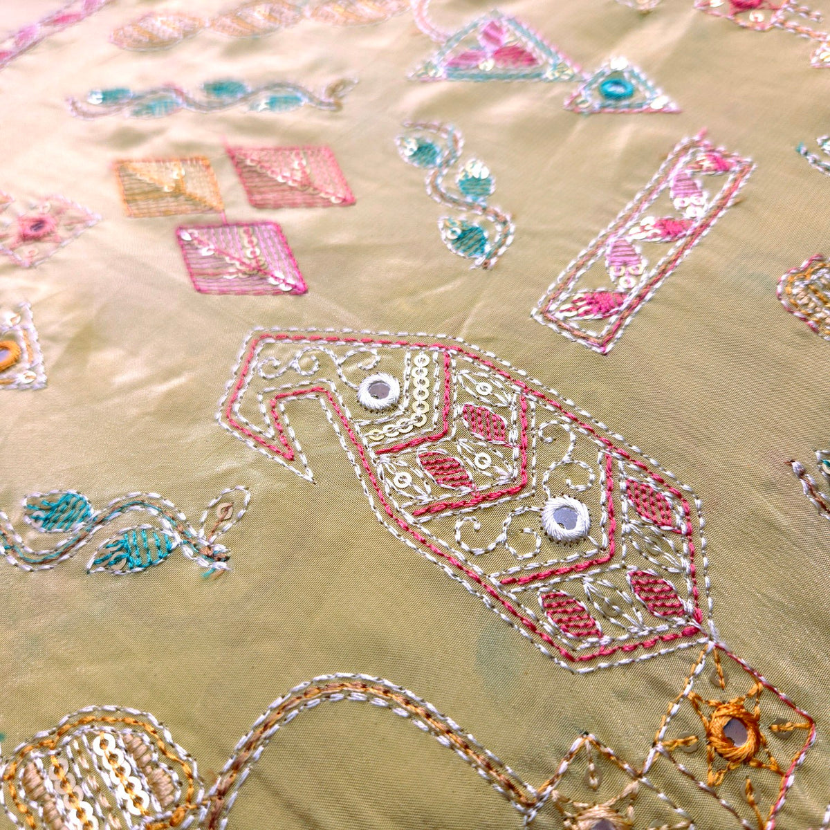 Embroidered Sequin Resham on Crepe Fabric with Geometric & Bird Motifs on Light Beige Base