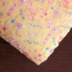 Embroidered Sequin Resham on Crepe Fabric with Geometric & Bird Motifs on Light Beige Base