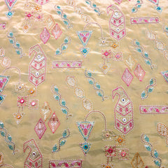 Embroidered Sequin Resham on Crepe Fabric with Geometric & Bird Motifs on Light Beige Base