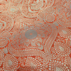 Orange Banarasi Brocade Fabric with Floral and Paisley Motifs