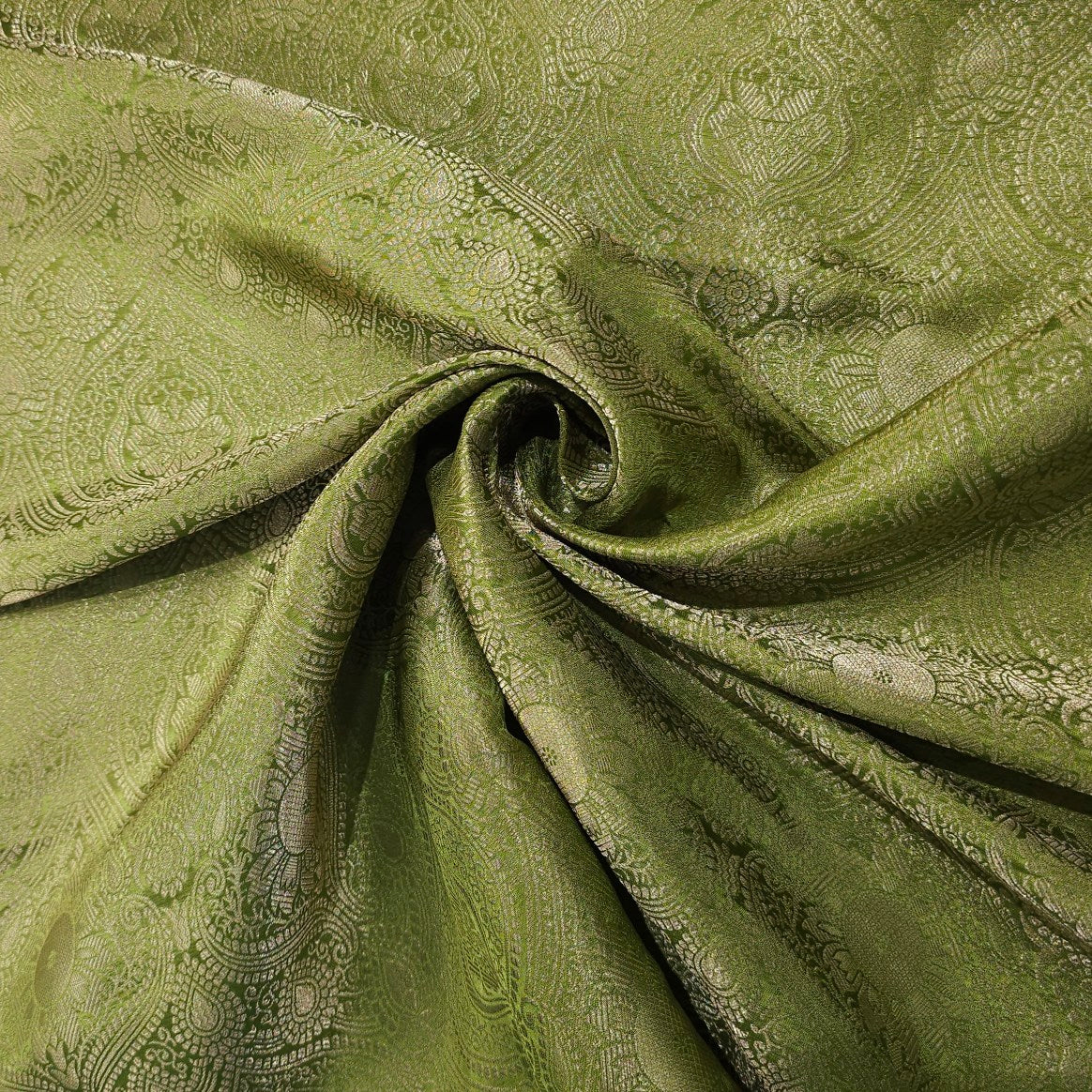 Moss Green Banarasi Brocade Fabric with Floral and Paisley Motifs