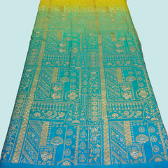 Pure Banarasi Dola Silk Soft Brocade with Position Print on Parrot Green to Turquoise Ombre