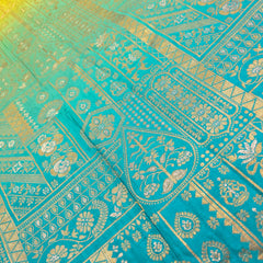 Pure Banarasi Dola Silk Soft Brocade with Position Print on Parrot Green to Turquoise Ombre
