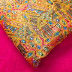Pure Banarasi Dola Silk Soft Brocade with Multicolor Position Print on Mustard Yellow Base