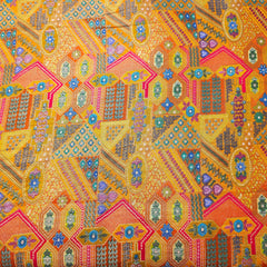 Pure Banarasi Dola Silk Soft Brocade with Multicolor Position Print on Mustard Yellow Base