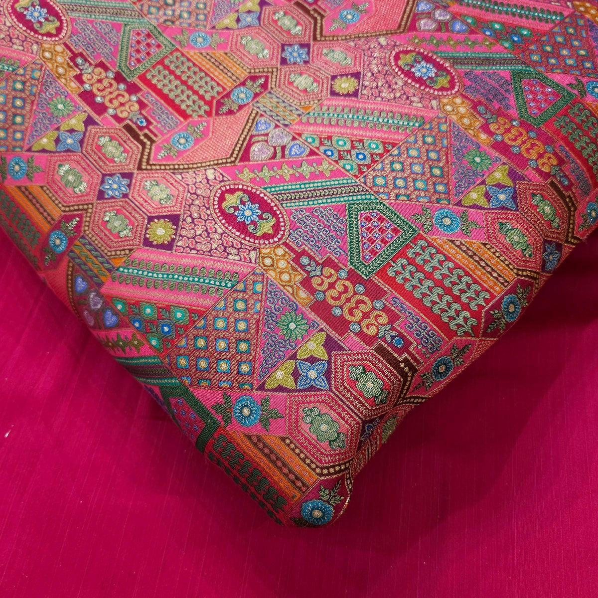 Pure Banarasi Silk Soft Brocade with Multicolor Position Print on Pink Base
