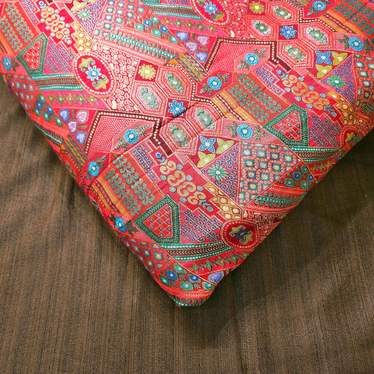 Pure Banarasi Silk Soft Brocade with Multicolor Position Print on Red Base