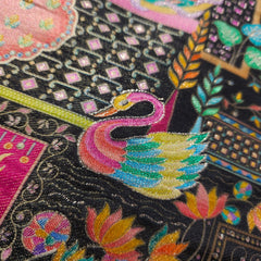 Pure Banarasi Silk Brocade with Multicolor Position of Swan & Paisley Print on Black Base