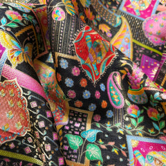 Pure Banarasi Silk Brocade with Multicolor Position of Swan & Paisley Print on Black Base