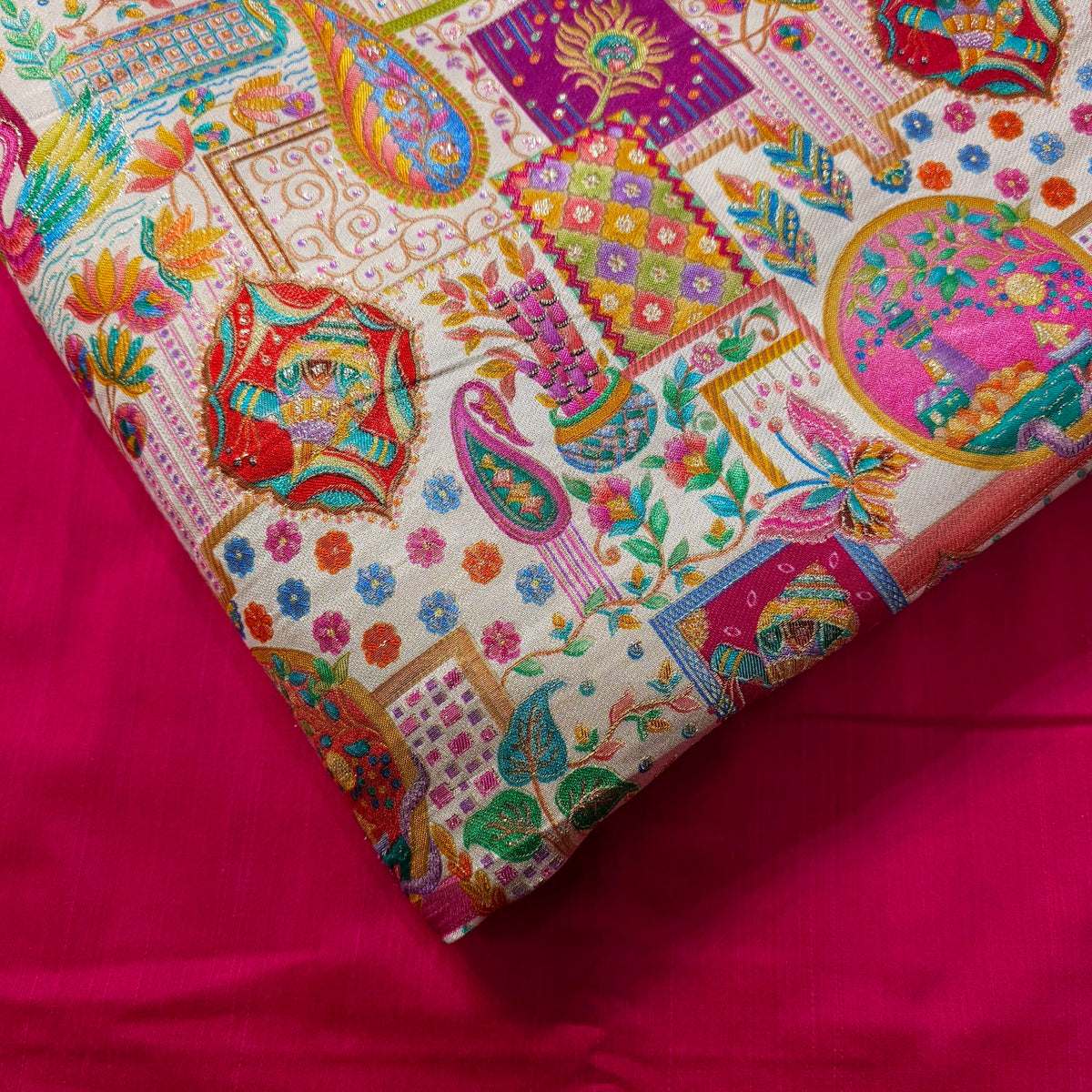 Pure Banarasi Silk Brocade with Multicolor Position of Swan & Paisley Print on White Base