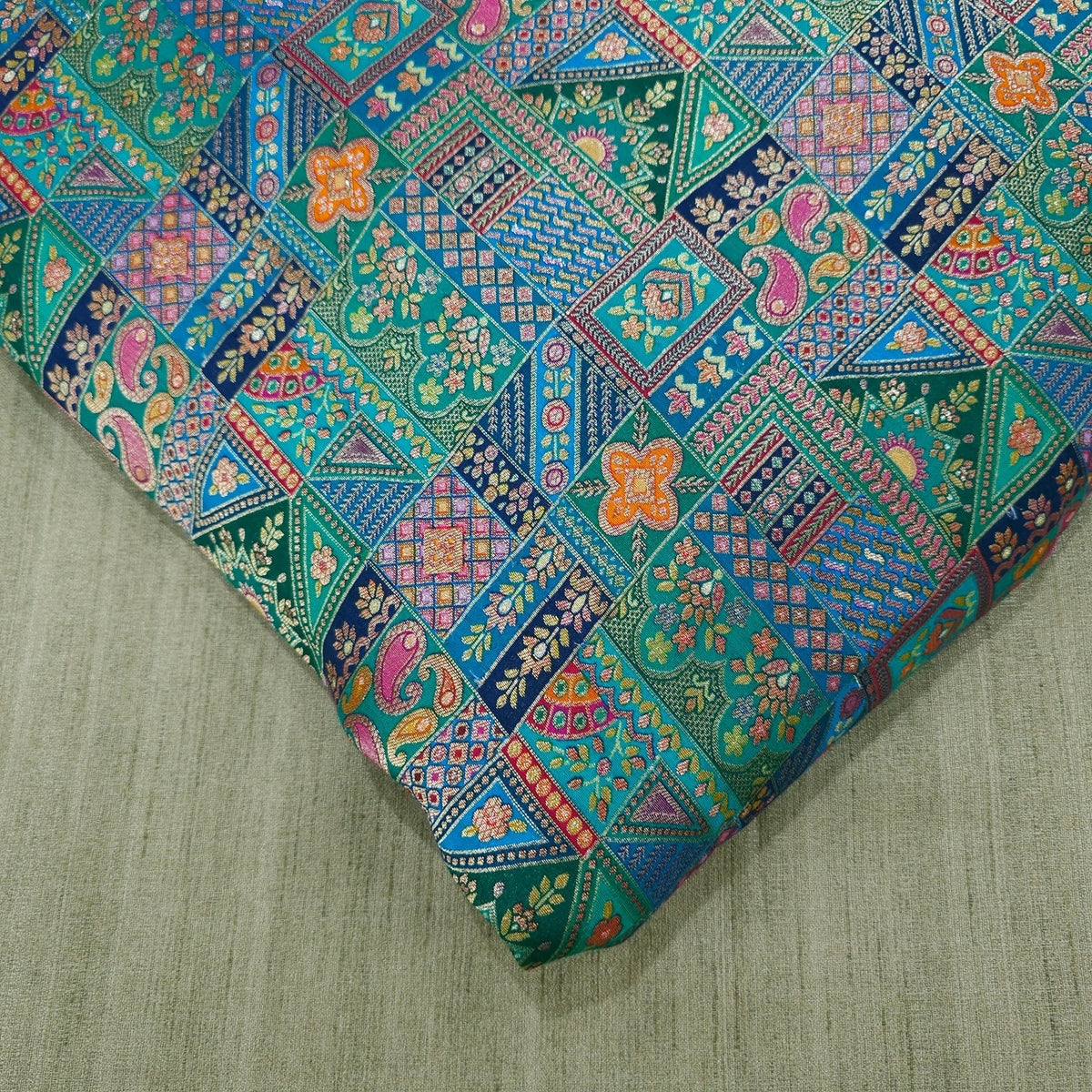 Pure Banarasi Dola Silk Soft Brocade with Multicolor Position Print on Green Base