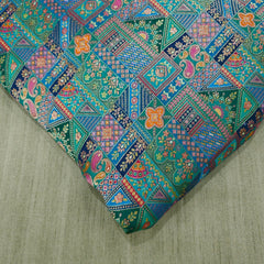 Pure Banarasi Dola Silk Soft Brocade with Multicolor Position Print on Green Base