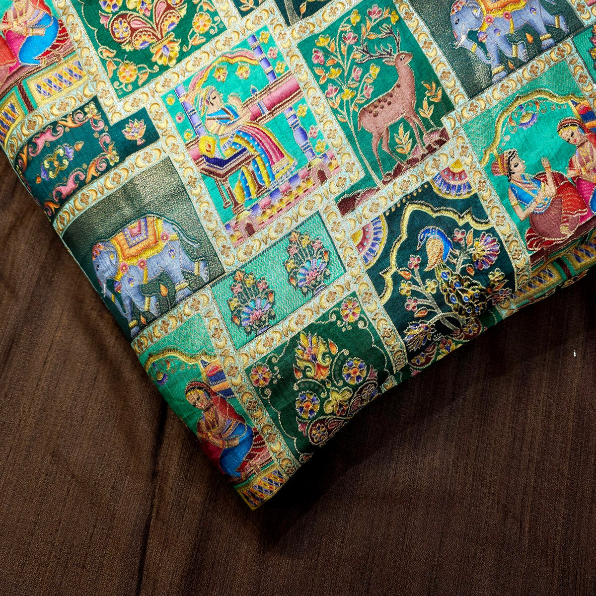 Pure Banarasi Silk Brocade with Multicolor Position of Animal & Floral Print on Green Base